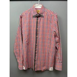 Brio Milano Shirt Mens Medium 16.5 Pink & Gray Plaid‎ Button Up Contemporary Fit